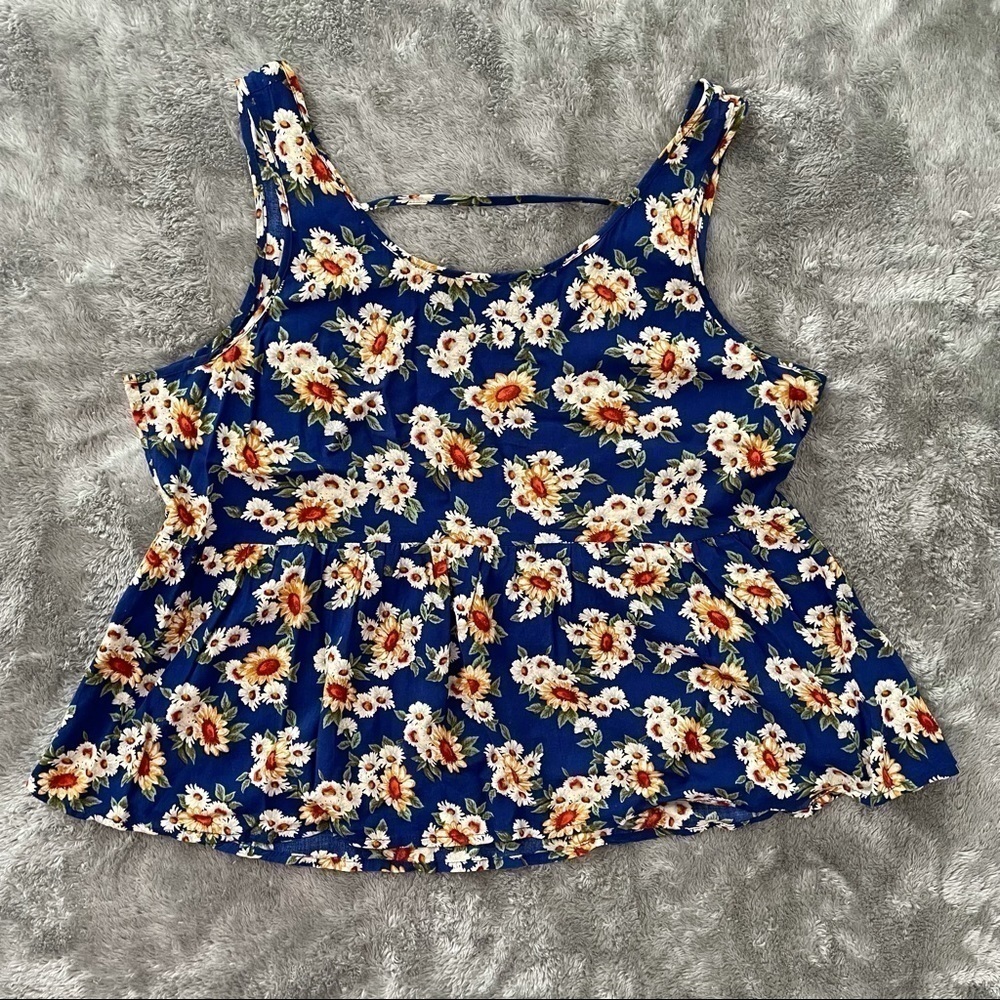 Navy Blue Sunflower Print Peplum Tank Top Sleeveless Summer Blouse Size M/L